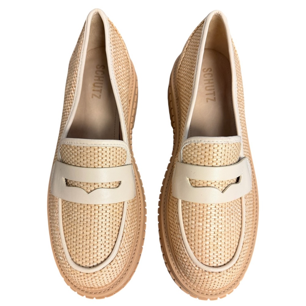 Schutz Viola Weekend Beige Woven Raffia Platform Penny Loafers Lug Sole 8B - Picture 1 of 10